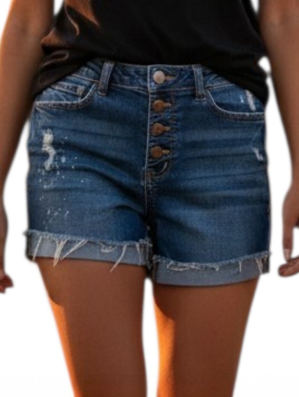Mudd FLX Stretch Distressed Button Fly Jean Shorts Blue Splatter Cuffed Sz 9 Y2K